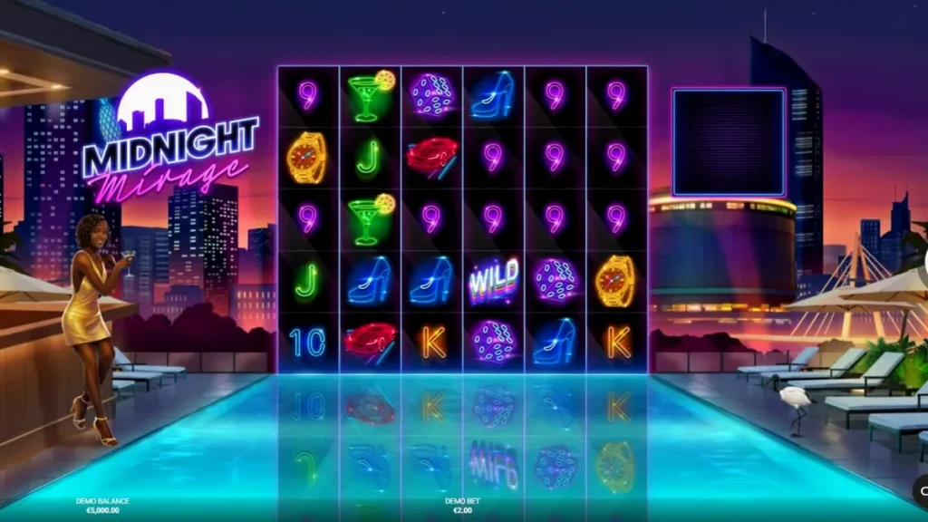 Tampilan visual neon mewah dari slot Midnight Mirage